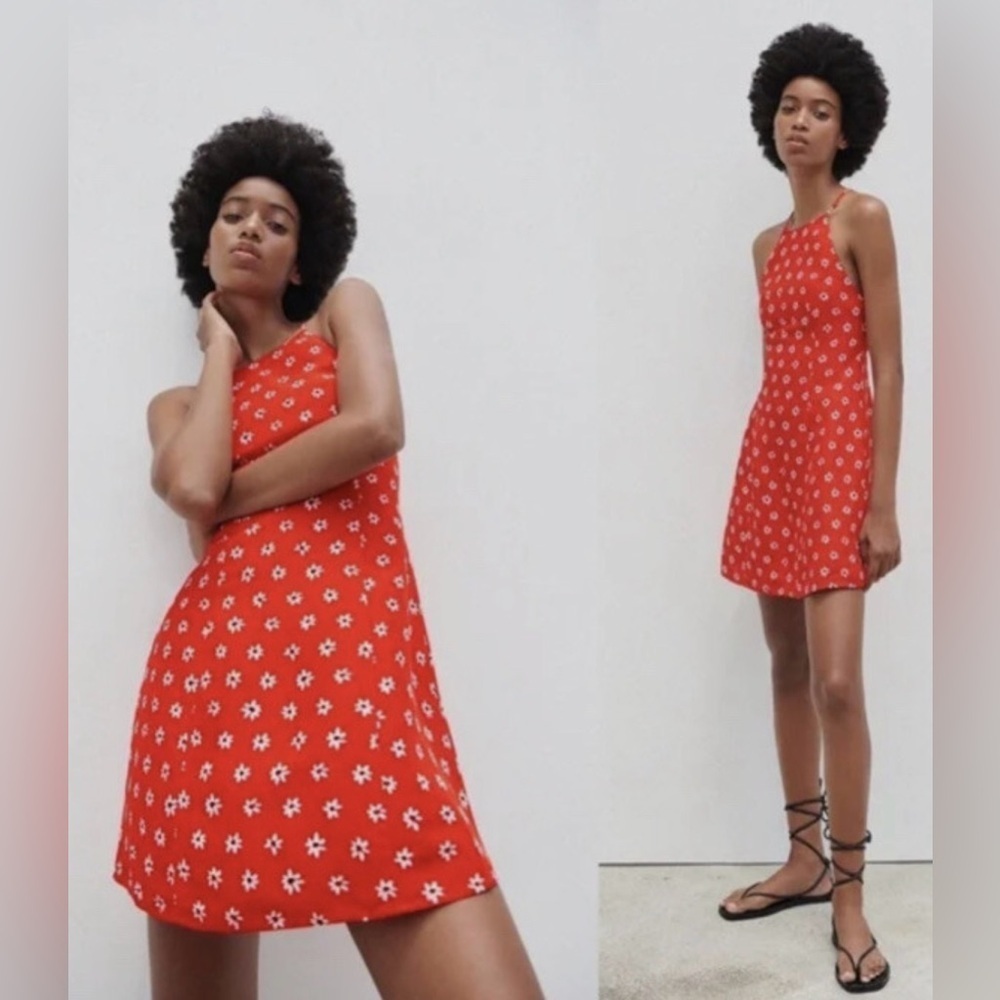 Zara Size Medium M Linen Blend Daisy Red Mini Dress